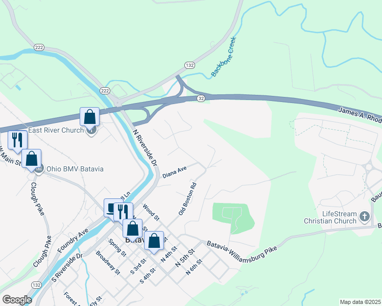 map of restaurants, bars, coffee shops, grocery stores, and more near 140 East Charles Street in Batavia