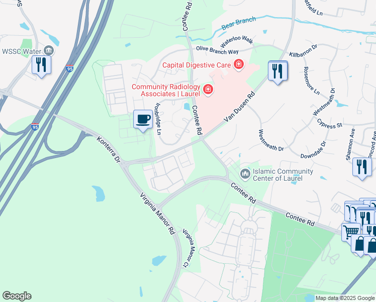 map of restaurants, bars, coffee shops, grocery stores, and more near 7023 Van Dusen Road in Laurel
