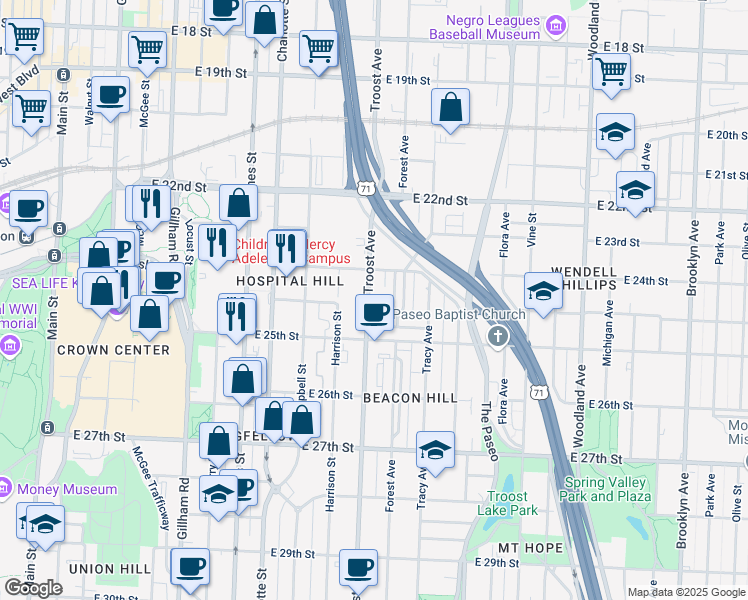 map of restaurants, bars, coffee shops, grocery stores, and more near 2401 Troost Avenue in Kansas City