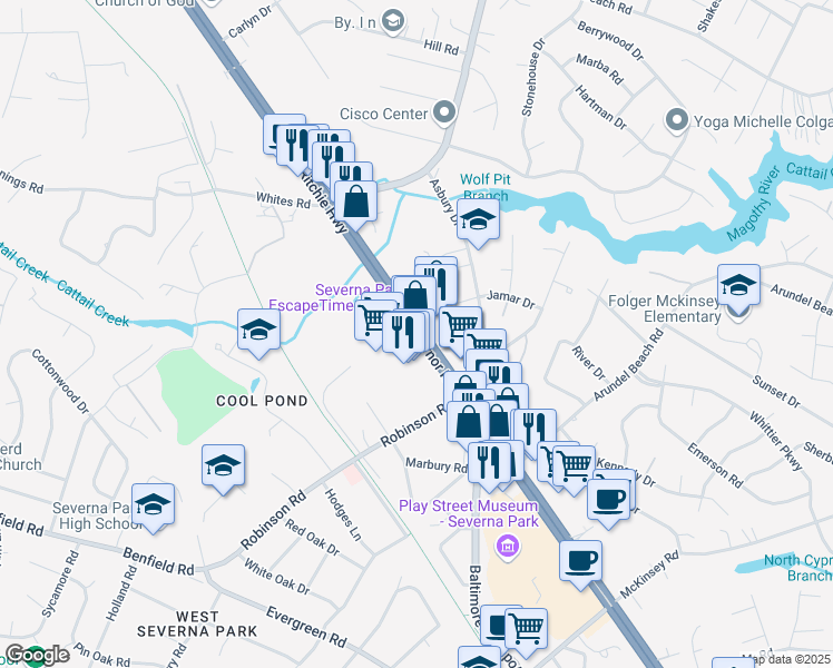 map of restaurants, bars, coffee shops, grocery stores, and more near 466 Ritchie Highway in Severna Park