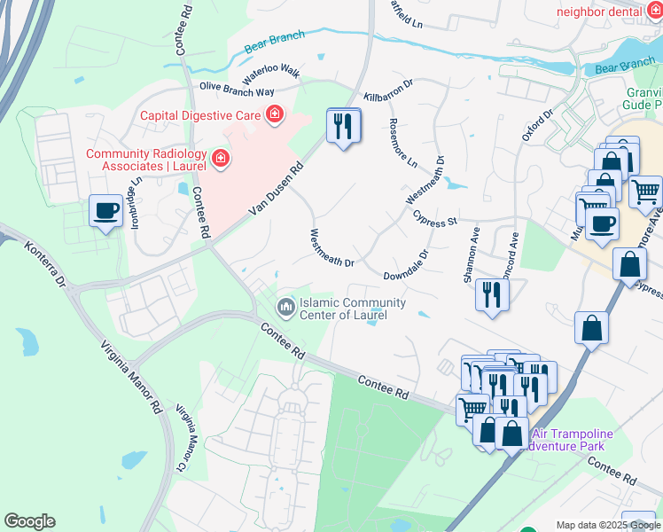 map of restaurants, bars, coffee shops, grocery stores, and more near 14005 Laurel Park Drive in Laurel