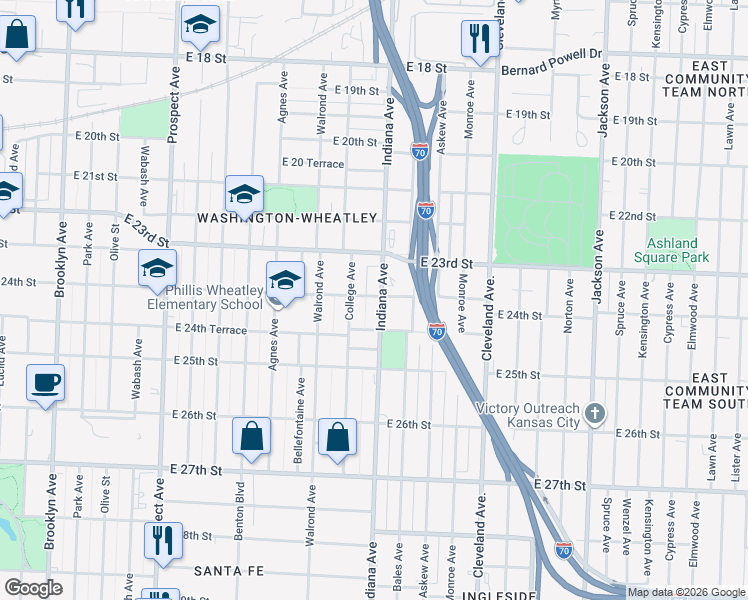 map of restaurants, bars, coffee shops, grocery stores, and more near 2400 Indiana Avenue in Kansas City