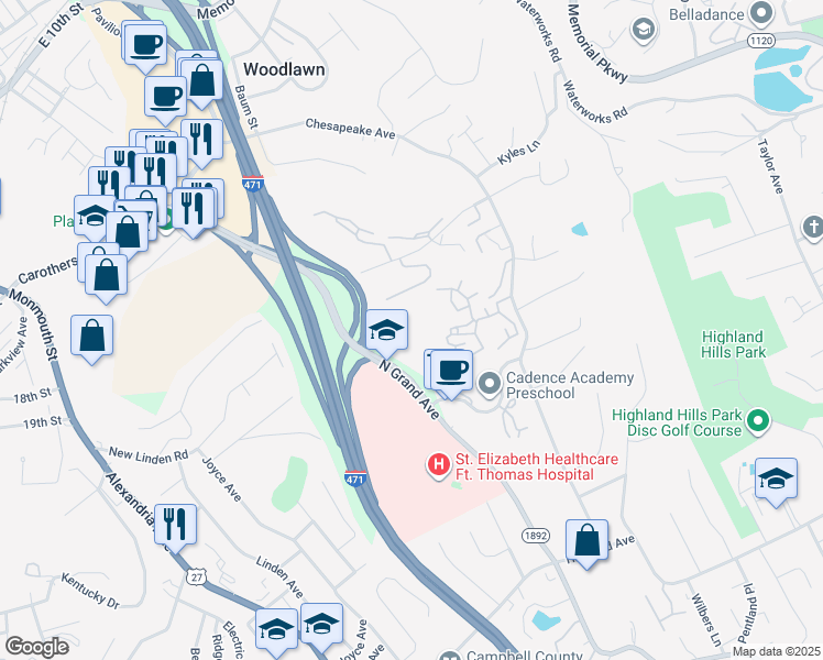 map of restaurants, bars, coffee shops, grocery stores, and more near 1359 N Grand Ave in Fort Thomas
