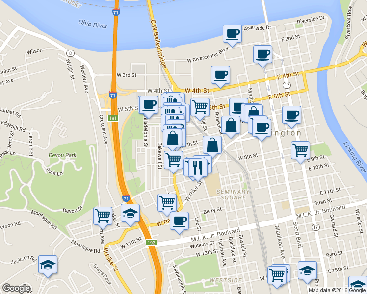 map of restaurants, bars, coffee shops, grocery stores, and more near 716A Willard Street in Covington