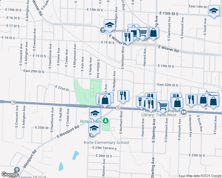 map of restaurants, bars, coffee shops, grocery stores, and more near 2100 South Hedges Avenue in Independence