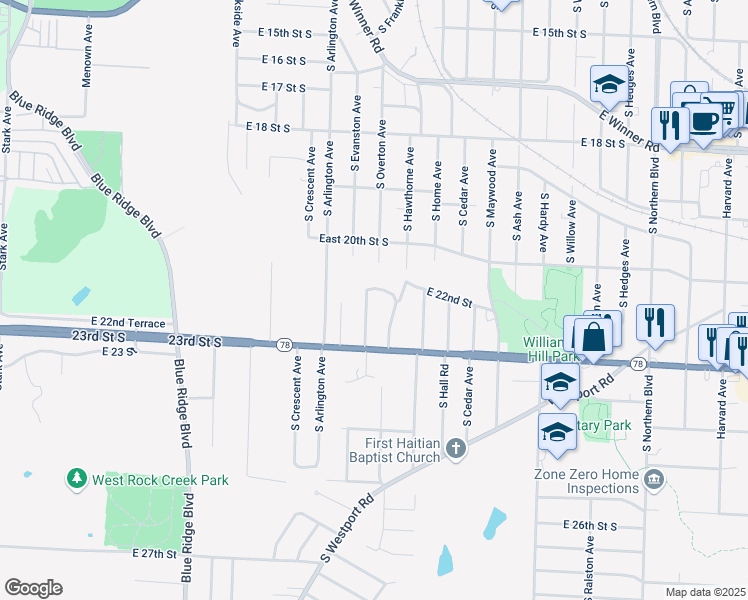 map of restaurants, bars, coffee shops, grocery stores, and more near 2215 South Overton Avenue in Independence