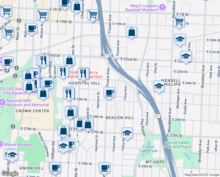 map of restaurants, bars, coffee shops, grocery stores, and more near 2401 Troost Avenue in Kansas City