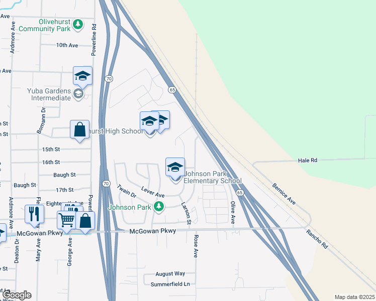 map of restaurants, bars, coffee shops, grocery stores, and more near 4423 Lever Avenue in Olivehurst