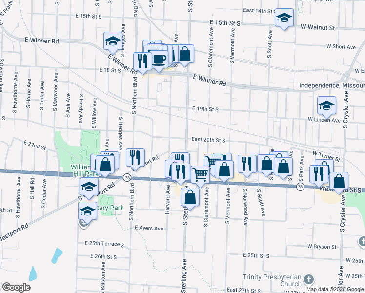 map of restaurants, bars, coffee shops, grocery stores, and more near 11200 East 21st Street in Independence