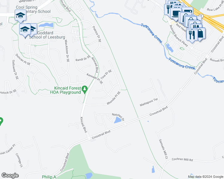 map of restaurants, bars, coffee shops, grocery stores, and more near 822 Winterberry Drive Southeast in Leesburg