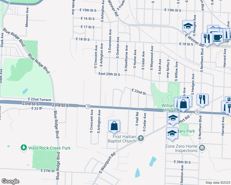 map of restaurants, bars, coffee shops, grocery stores, and more near 2215 South Overton Avenue in Independence