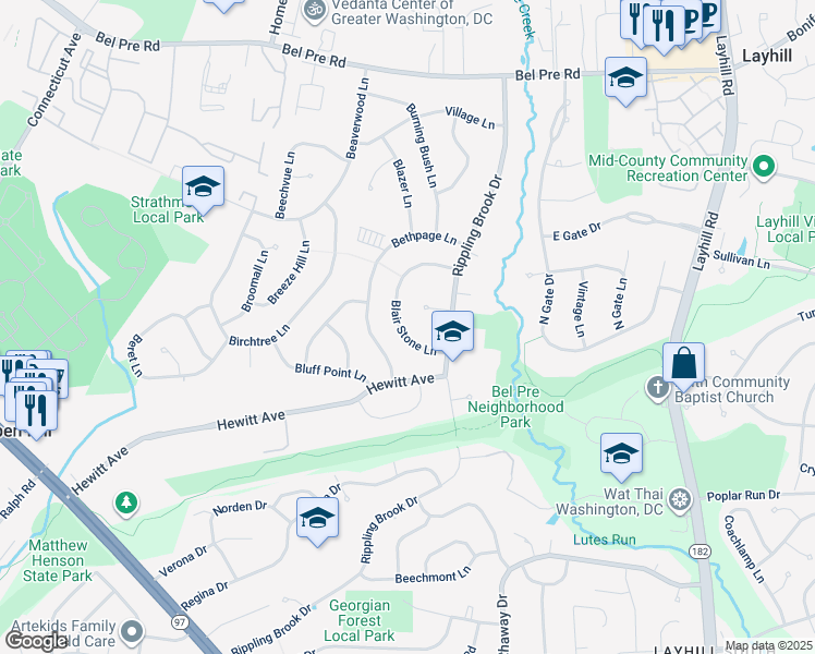map of restaurants, bars, coffee shops, grocery stores, and more near 13823 Blair Stone Lane in Silver Spring