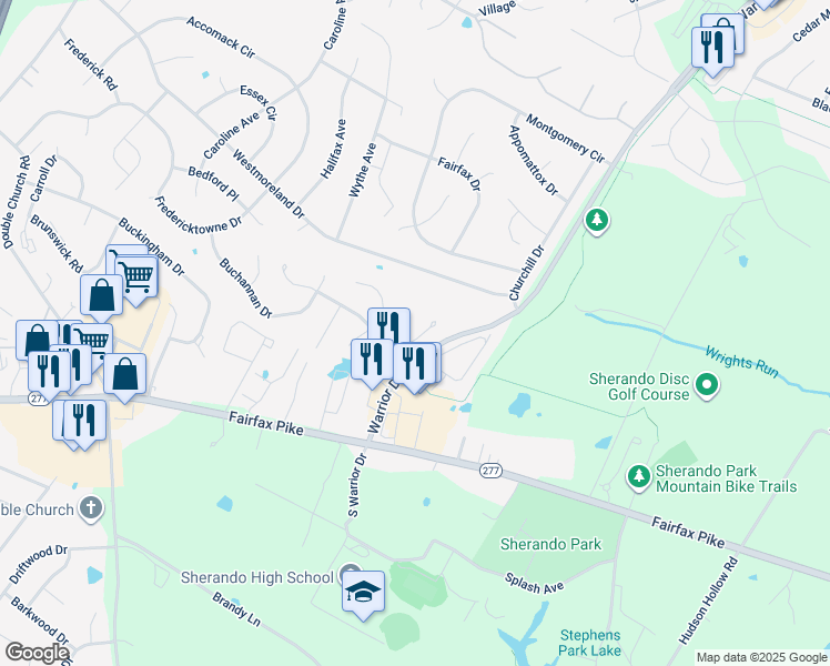 map of restaurants, bars, coffee shops, grocery stores, and more near 111 Deer Hill Court in Stephens City