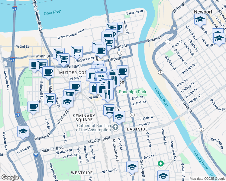 map of restaurants, bars, coffee shops, grocery stores, and more near 111 East 8th Street in Covington