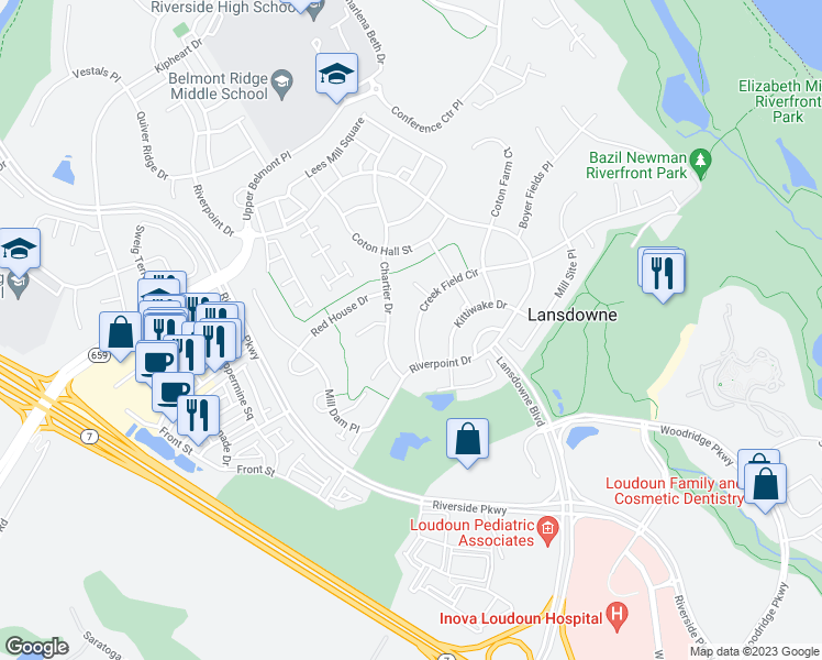 map of restaurants, bars, coffee shops, grocery stores, and more near 19289 Creek Field Circle in Leesburg