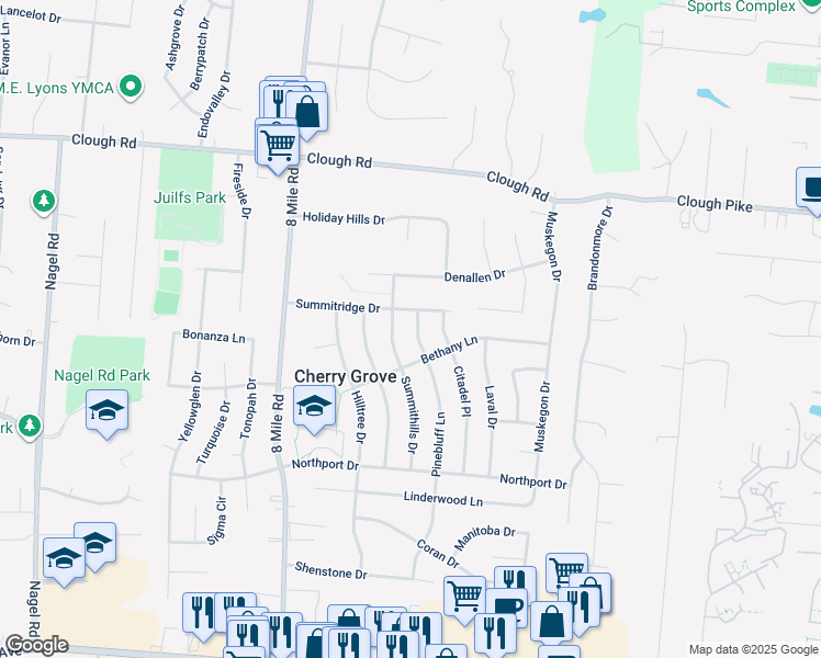 map of restaurants, bars, coffee shops, grocery stores, and more near 1745 Pinebluff Lane in Cincinnati