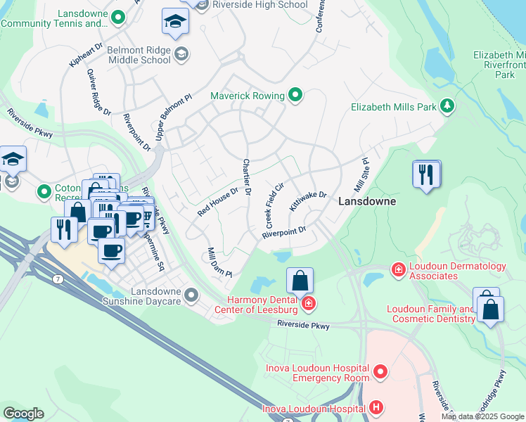map of restaurants, bars, coffee shops, grocery stores, and more near 19289 Creek Field Circle in Leesburg