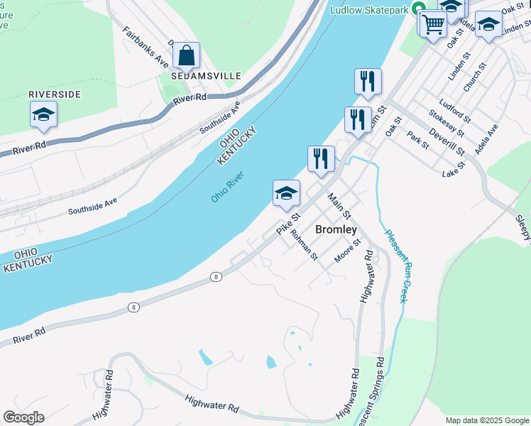 map of restaurants, bars, coffee shops, grocery stores, and more near 401 River Road in Villa Hills