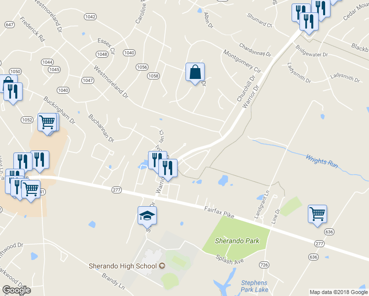 map of restaurants, bars, coffee shops, grocery stores, and more near 116 Deer Hill Court in Stephens City