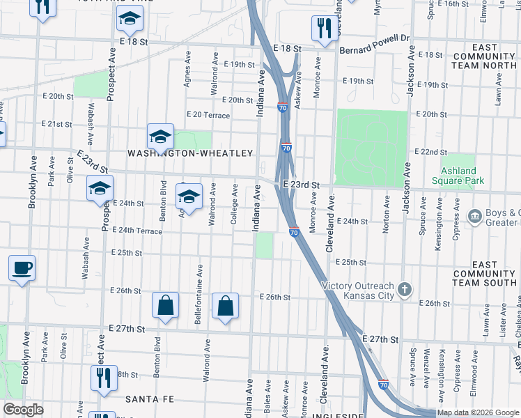 map of restaurants, bars, coffee shops, grocery stores, and more near 2410 Bales Avenue in Kansas City