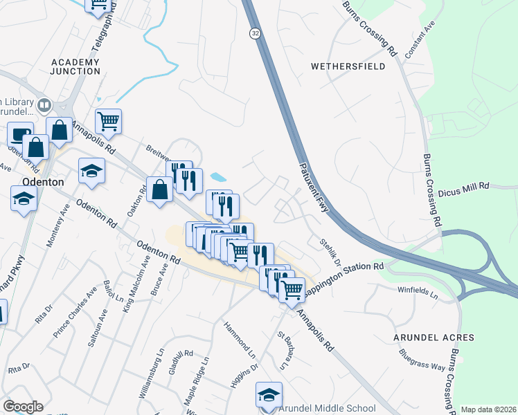 map of restaurants, bars, coffee shops, grocery stores, and more near 684 Lions Gate Lane in Odenton