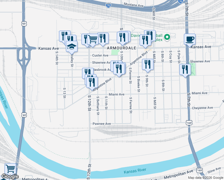 map of restaurants, bars, coffee shops, grocery stores, and more near 1020 Miami Avenue in Kansas City