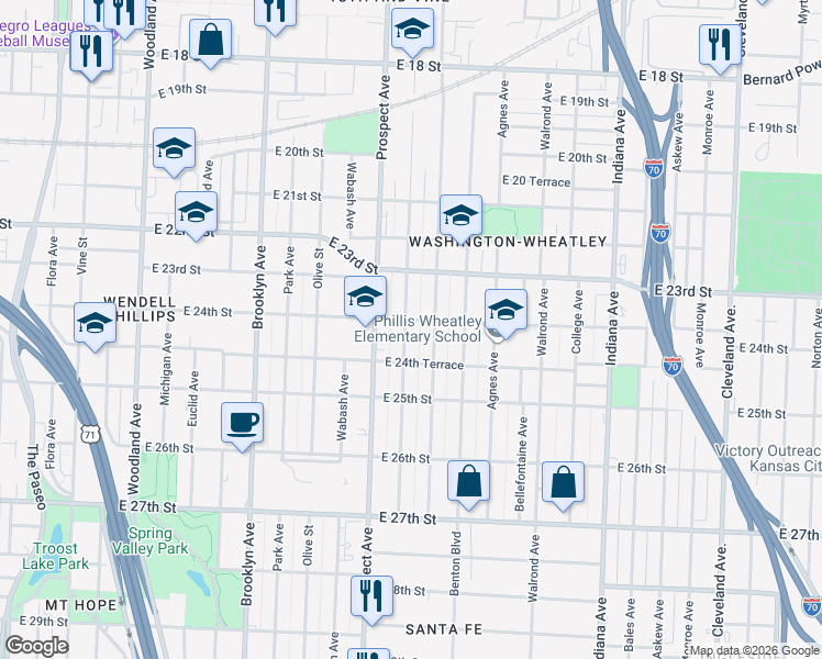 map of restaurants, bars, coffee shops, grocery stores, and more near 2415 Montgall Avenue in Kansas City