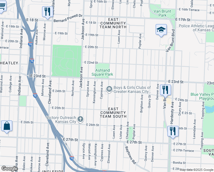 map of restaurants, bars, coffee shops, grocery stores, and more near 2328 Elmwood Avenue in Kansas City