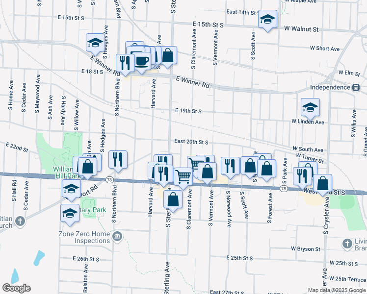 map of restaurants, bars, coffee shops, grocery stores, and more near 2010 South Claremont Avenue in Independence