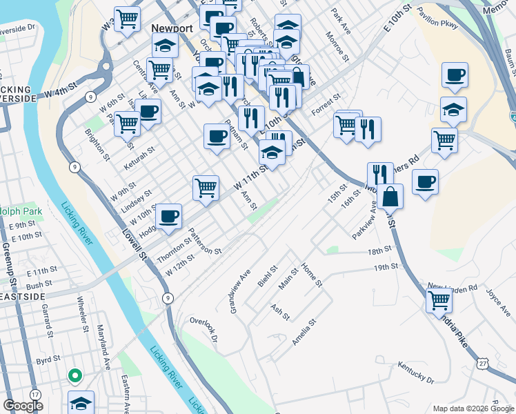 map of restaurants, bars, coffee shops, grocery stores, and more near 1147 Ann Street in Newport