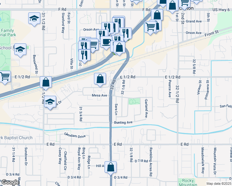 map of restaurants, bars, coffee shops, grocery stores, and more near 3201 Mesa Avenue in Clifton