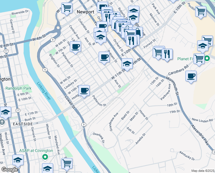 map of restaurants, bars, coffee shops, grocery stores, and more near 1134 Central Avenue in Newport