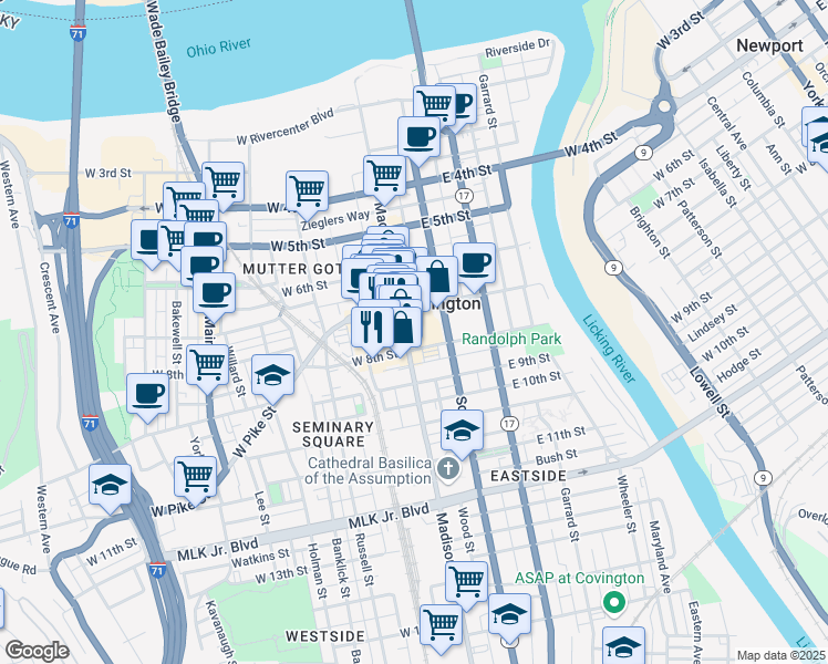 map of restaurants, bars, coffee shops, grocery stores, and more near 727 Madison Avenue in Covington