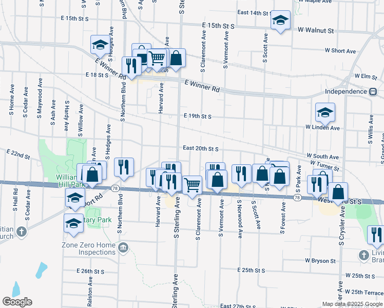 map of restaurants, bars, coffee shops, grocery stores, and more near 2010 South Claremont Avenue in Independence