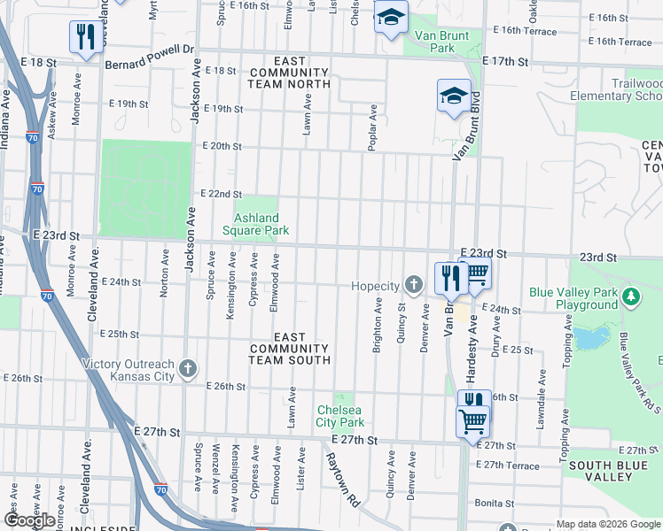 map of restaurants, bars, coffee shops, grocery stores, and more near 2336 Chelsea Avenue in Kansas City