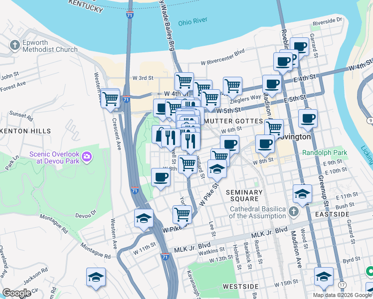 map of restaurants, bars, coffee shops, grocery stores, and more near 641 Main Street in Covington