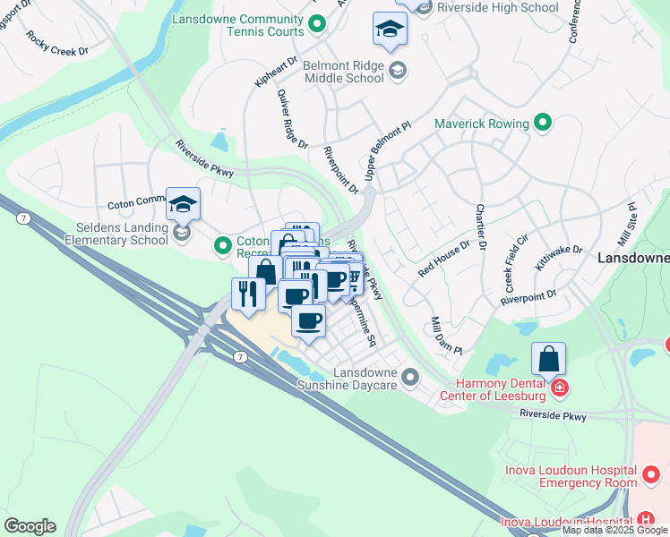 map of restaurants, bars, coffee shops, grocery stores, and more near 19293 Harlow Square in Leesburg