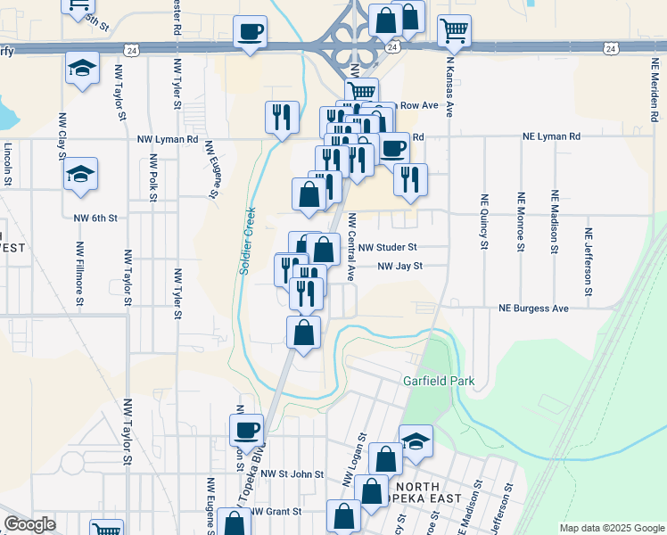 map of restaurants, bars, coffee shops, grocery stores, and more near 1904 Northwest Central Avenue in Topeka