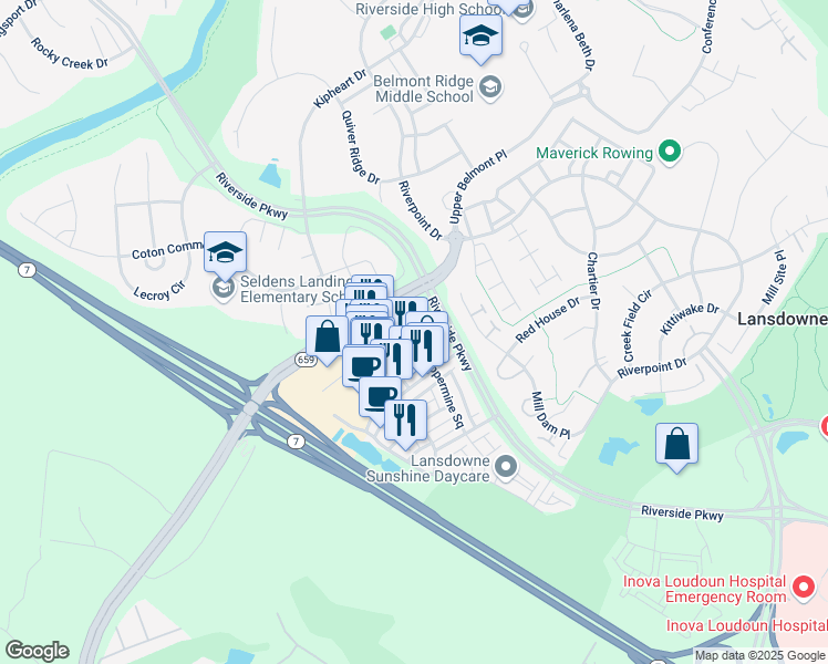 map of restaurants, bars, coffee shops, grocery stores, and more near 19289 Harlow Square in Leesburg