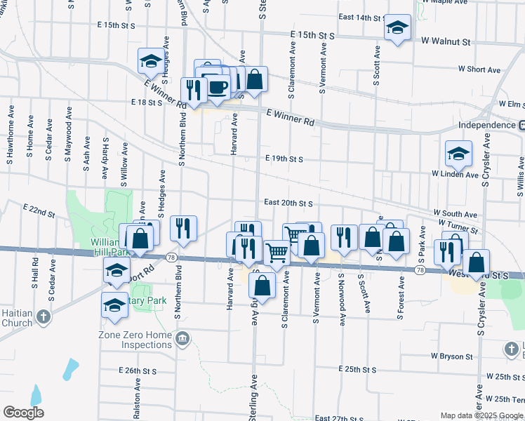 map of restaurants, bars, coffee shops, grocery stores, and more near 11200 East 21st Street in Independence