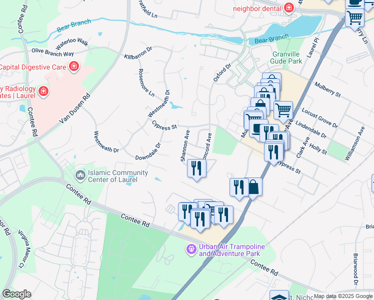 map of restaurants, bars, coffee shops, grocery stores, and more near 7602 Lexington Avenue in Laurel