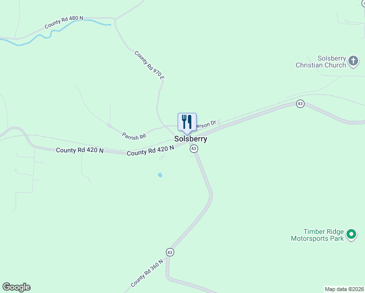 map of restaurants, bars, coffee shops, grocery stores, and more near 315 County Road 420 North in Solsberry