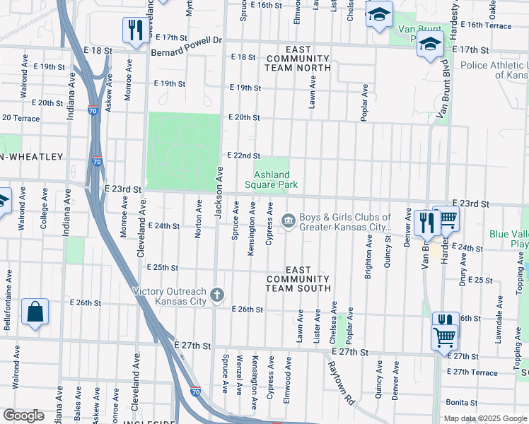 map of restaurants, bars, coffee shops, grocery stores, and more near 4404 East 24th Street in Kansas City