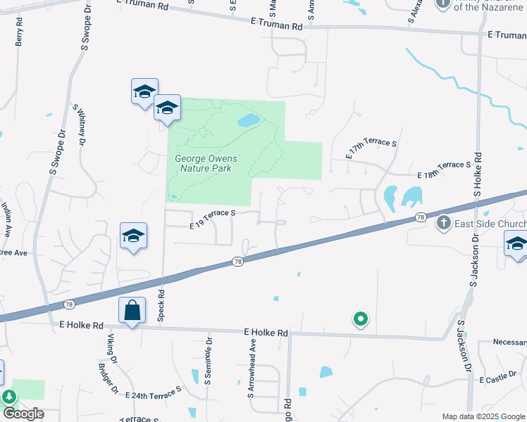 map of restaurants, bars, coffee shops, grocery stores, and more near 1925 South Arrowhead Court in Independence