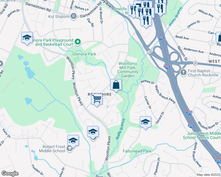 map of restaurants, bars, coffee shops, grocery stores, and more near 506 Monet Drive in Rockville