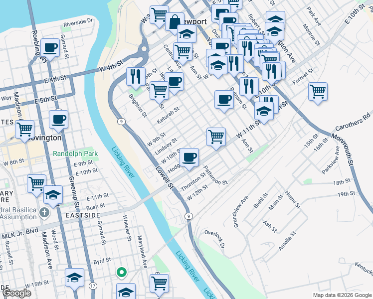 map of restaurants, bars, coffee shops, grocery stores, and more near 427 Hodge Street in Newport