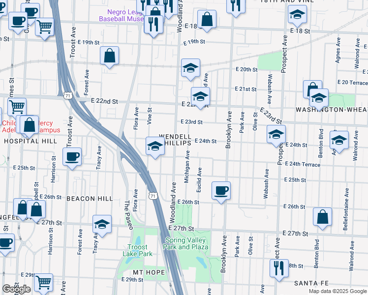 map of restaurants, bars, coffee shops, grocery stores, and more near 1902 East 24th Terrace in Kansas City