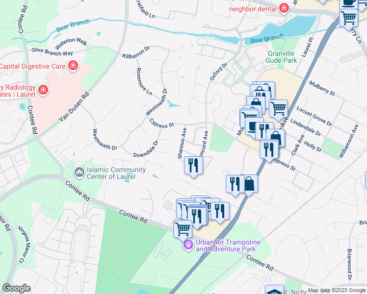 map of restaurants, bars, coffee shops, grocery stores, and more near 7602 Lexington Avenue in Laurel