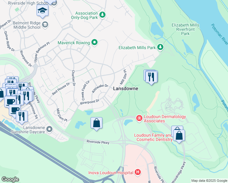 map of restaurants, bars, coffee shops, grocery stores, and more near 43919 Kittiwake Drive in Leesburg