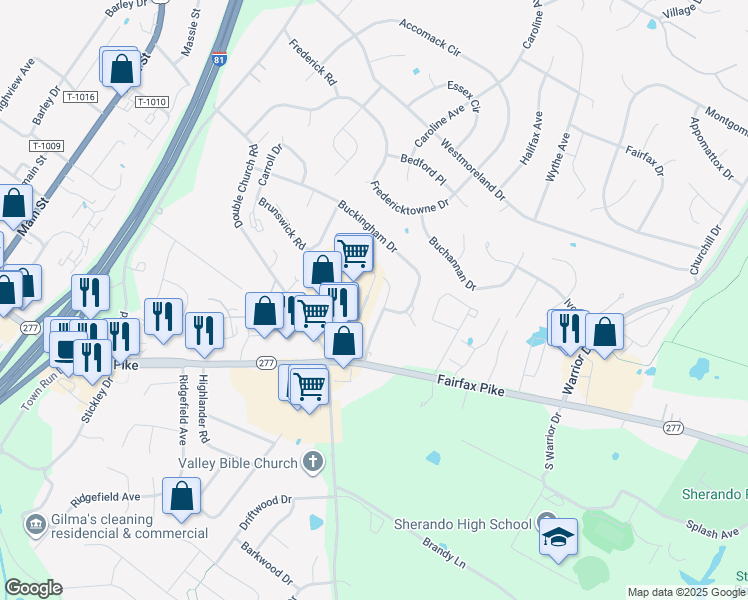 map of restaurants, bars, coffee shops, grocery stores, and more near 146 Nottoway Drive in Stephens City